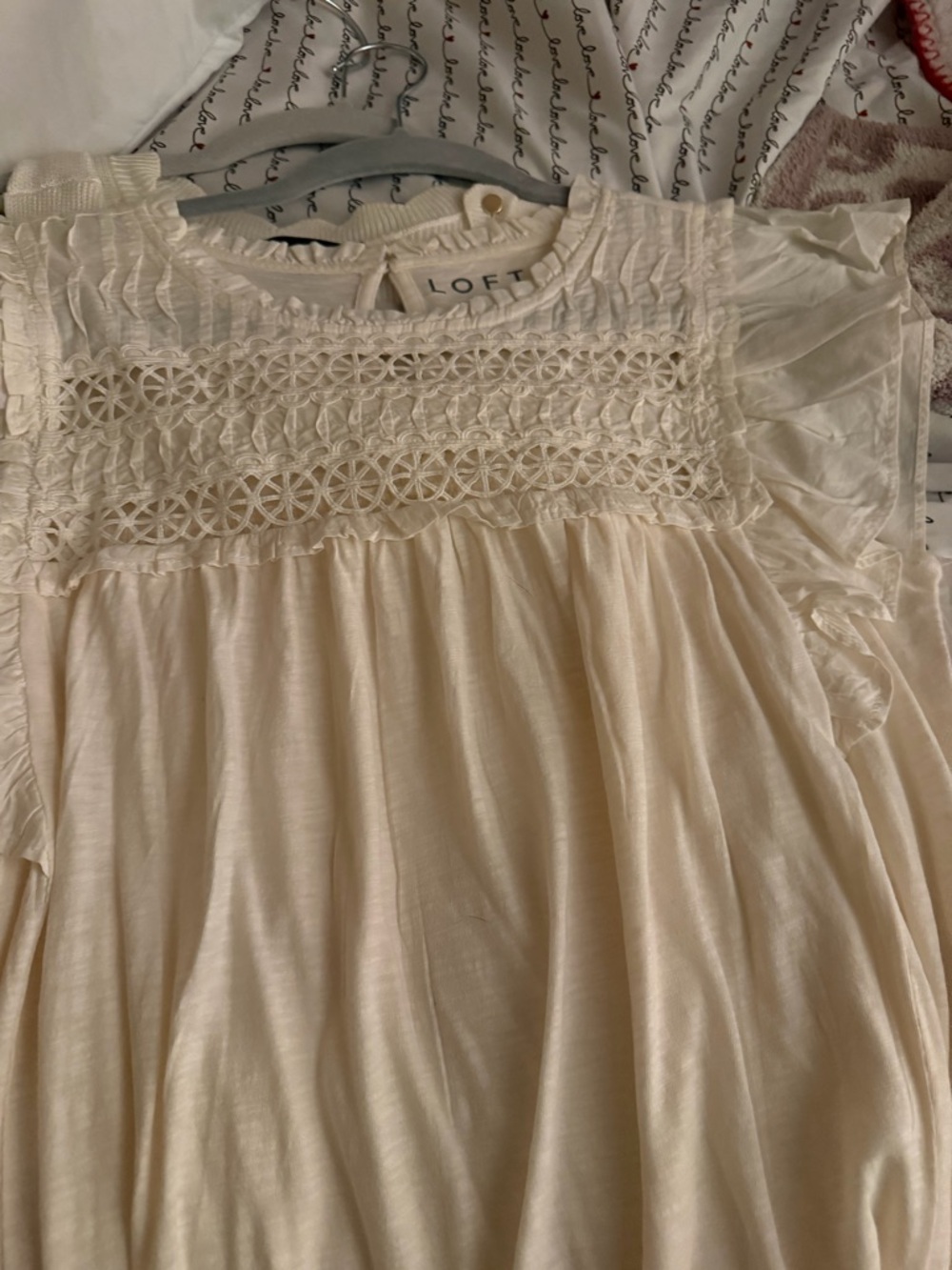 LOFT Cream Lace Yoke Flutter Top